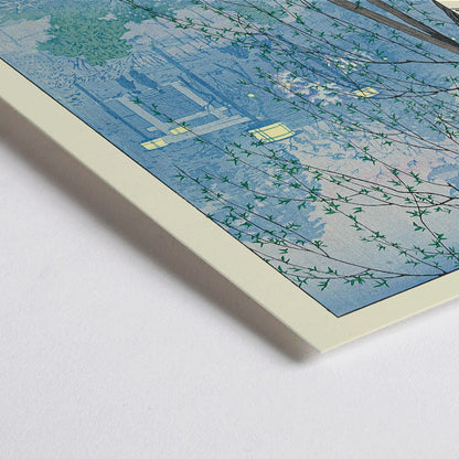 Closeup detail of Tranquil view of willow branches over Shinobazu pond at dusk in misty blue tones by Kasamatsu Shiro