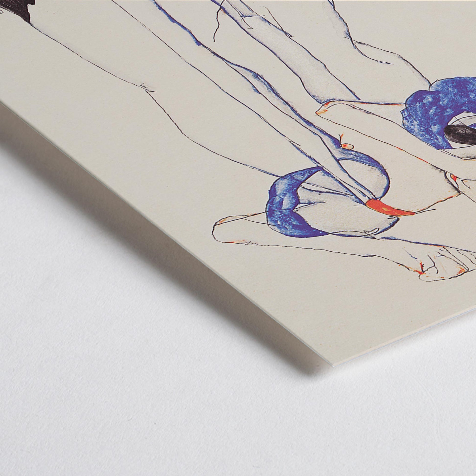 Closeup detail of Egon Schiele Woman in a Morning Robe poster with delicate expressionist figure in white blue and black on beige background
