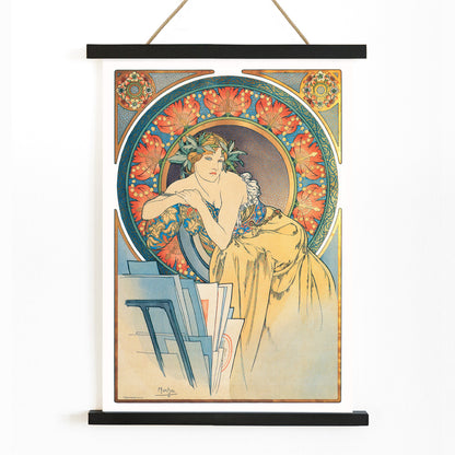 Art Nouveau woman with poppies by Alphonse Mucha vintage illustration poster, with wooden magnetic frame on white background