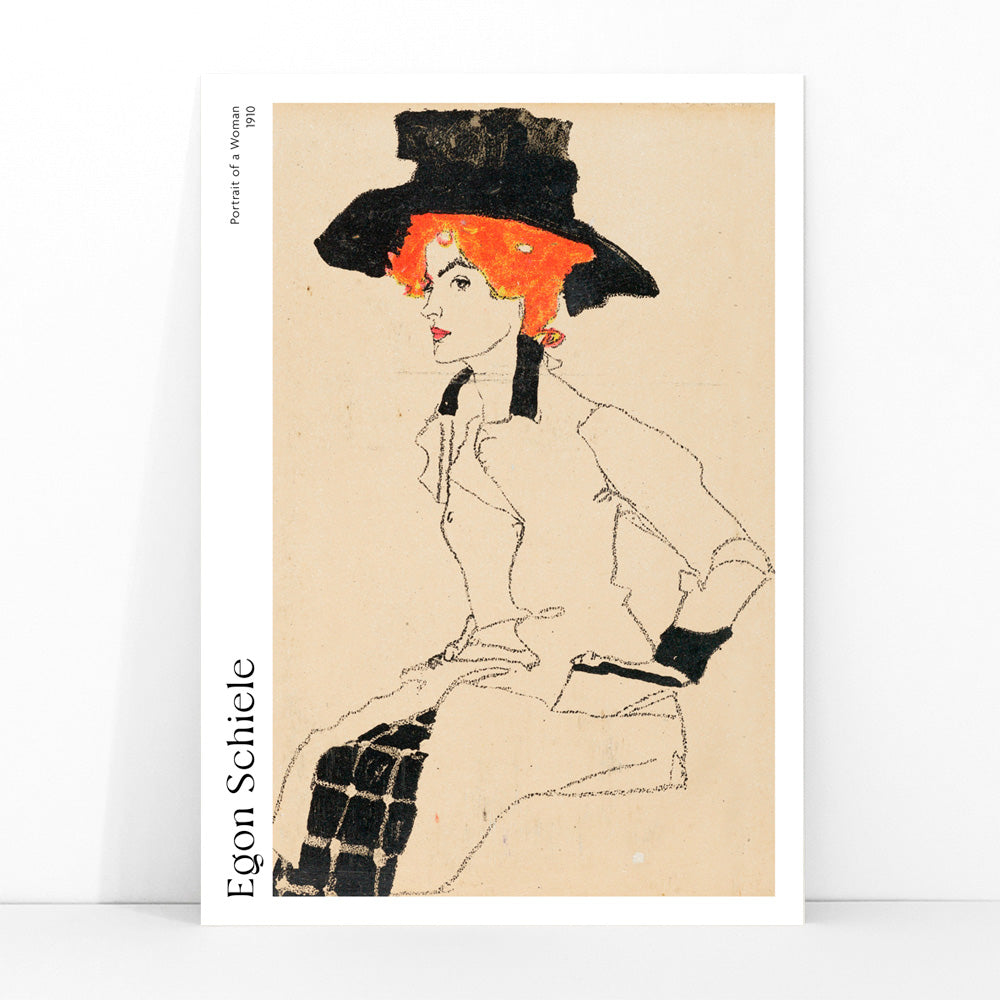 Portrait Of A Woman by Egon Schiele featuring an elegant woman with red or orange hair and a black hat poster, framed and displayed in modern living room decor
