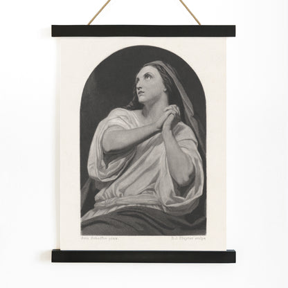 Black and white artwork of a praying woman with folded hands and serene expression by Dirk Jurriaan Sluyter, with wooden magnetic frame on white background