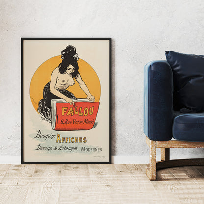Vintage poster for book and print shop Fallou in Paris by Auguste Roedel featuring a woman with dark hair reading a large red book and holding a colorful book, framed and displayed in home decor