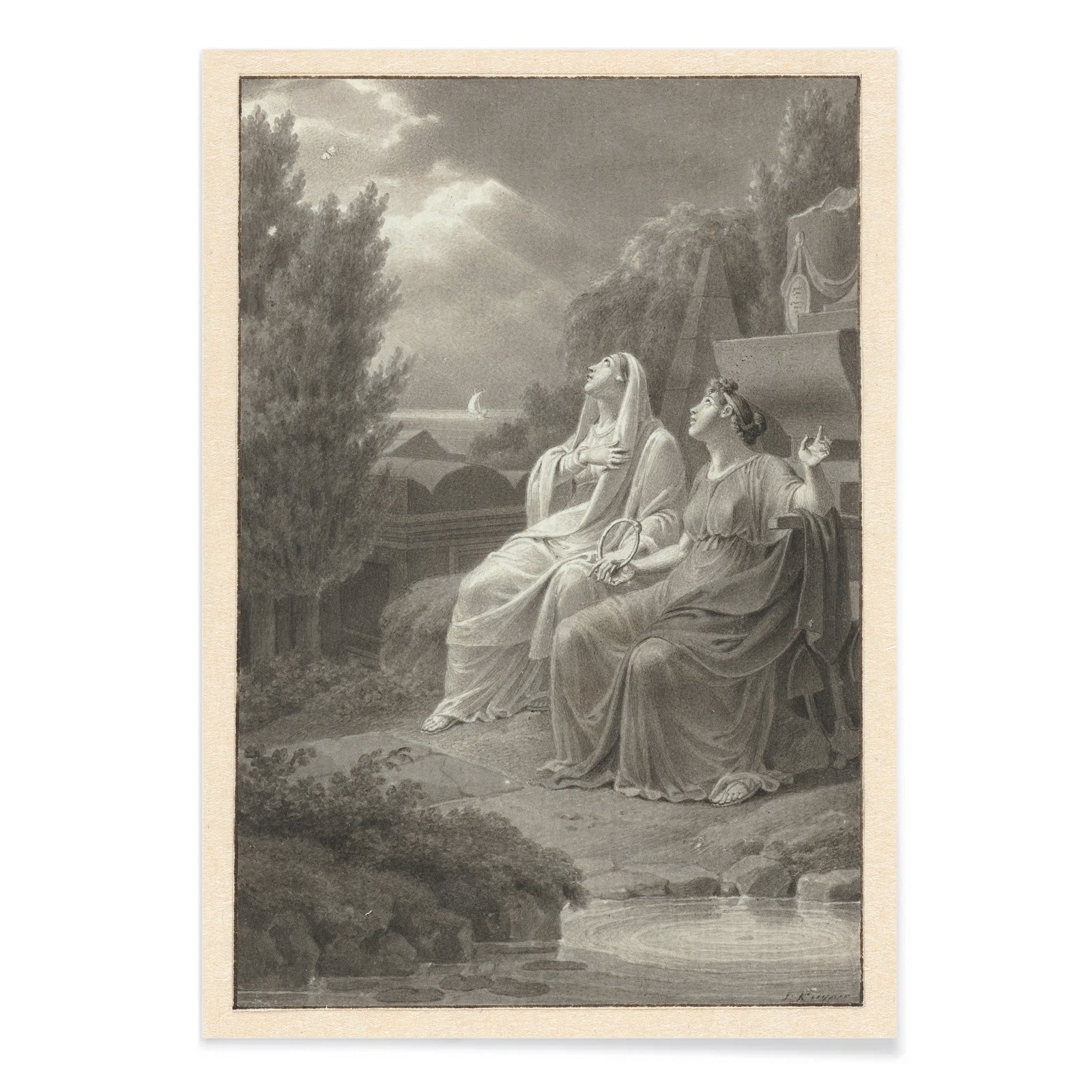 Two women in classical attire seated outdoors gazing at the night sky artwork by Jacques Kuyper, with black aluminium frame on white background