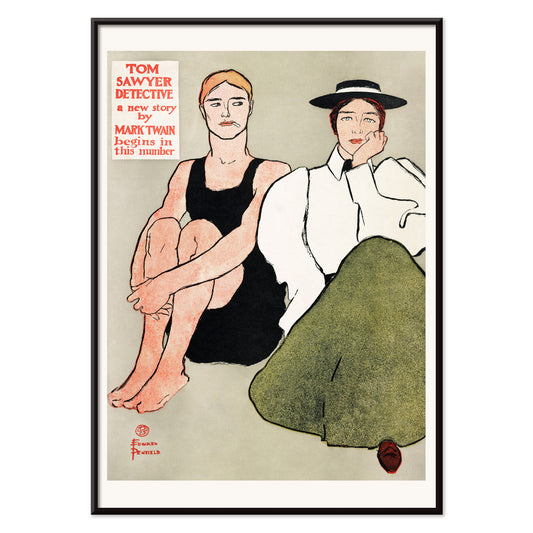 Two women in vintage clothing seated together in an illustration by Edward Penfield titled Two Seated Women poster, with black aluminium frame on white background