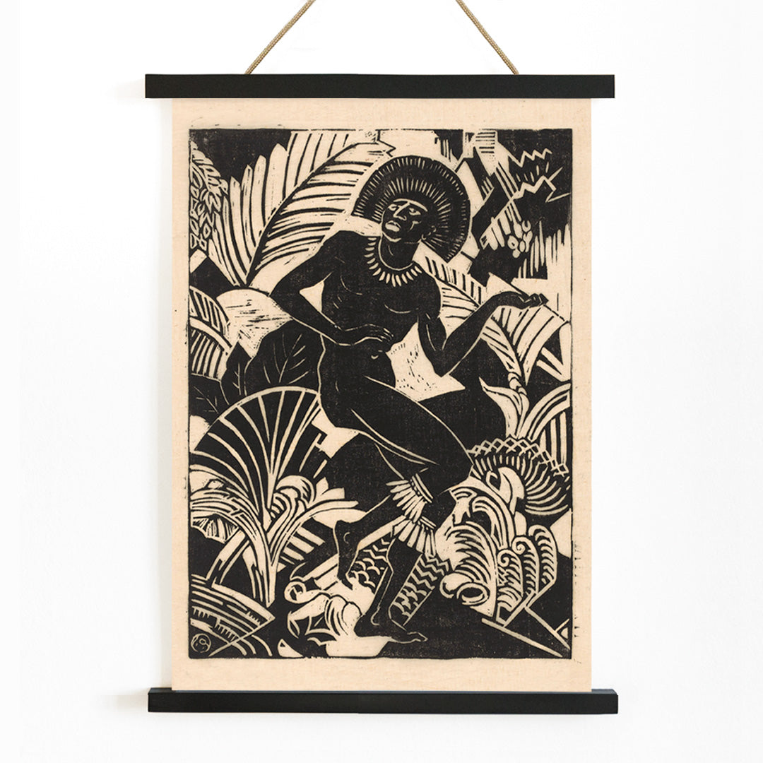Black and white artwork and poster of a stylized dancing figure among bold jungle plants by Henri van der Stok Jager, with wooden magnetic frame on white background