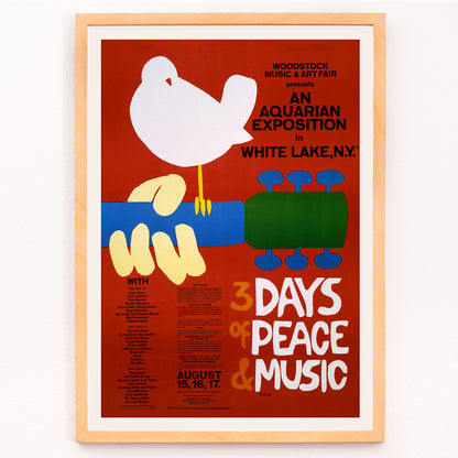 Closeup detail of Woodstock poster with white dove on guitar promoting peace and music at An Aquarian Exposition in White Lake artist unknown