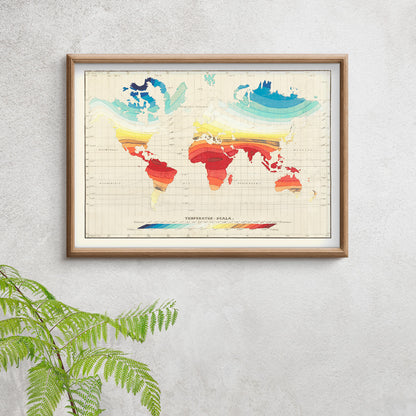Colorful vintage world map of global climate and temperature zones by Wilhelm Ebel, framed and displayed in home decor