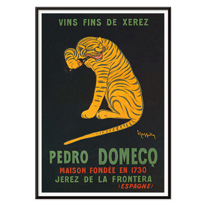 Leonetto Cappiello poster of a playful tiger on black background promoting Xerez Pedro Domeco wine, with black aluminium frame on white background