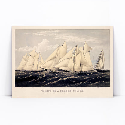 Sailboats and yachts racing on the ocean under clear skies in Yachts on a Summer Cruise by Currier and Ives, framed and displayed in modern living room decor