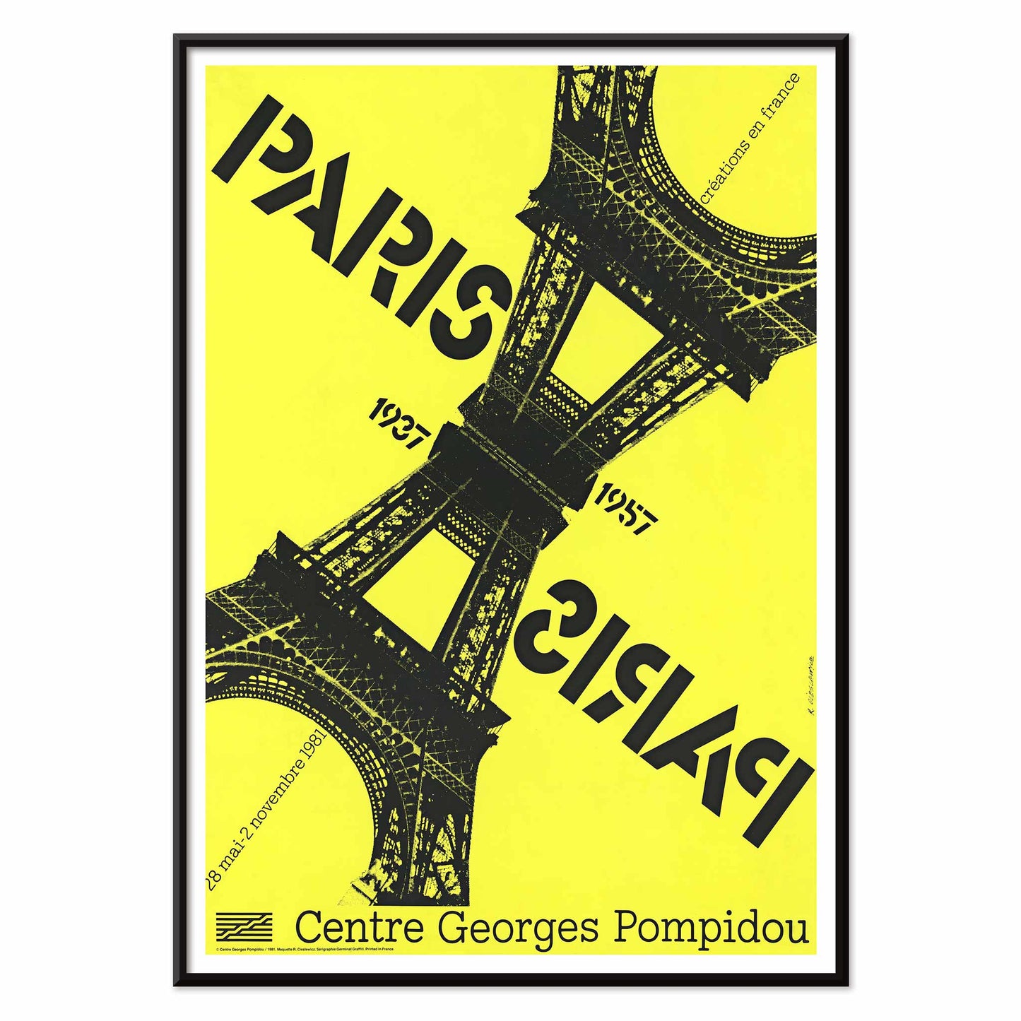 Roman Cieślewicz Paris-Paris 1937-1957 poster with yellow background black Eiffel Tower and mirrored typography, with black aluminium frame on white background