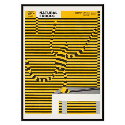 Natural forces artwork by Bill Mayer featuring a yellow and black striped abstract figure blending with lines poster, with black aluminium frame on white background