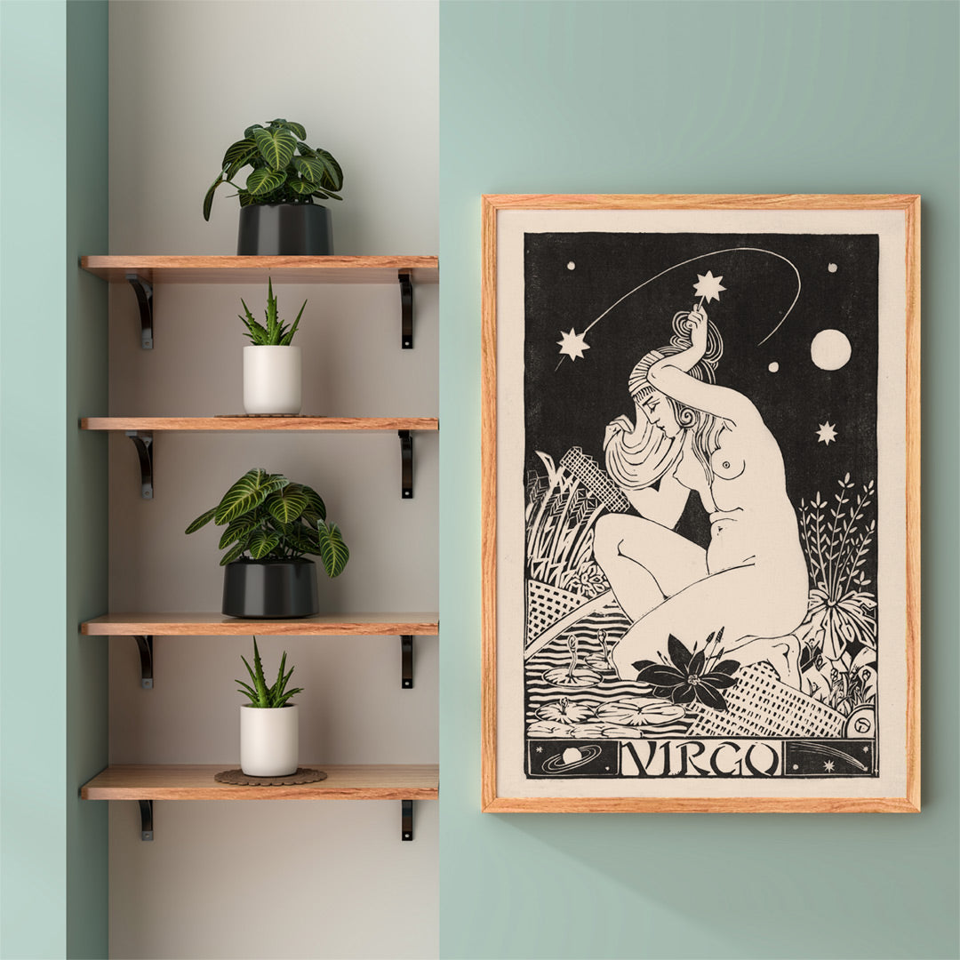 Art Nouveau poster of a nude Virgo woman with stars lilies and plants from Zodiac signs by Henri van der Stok, framed and displayed in home decor